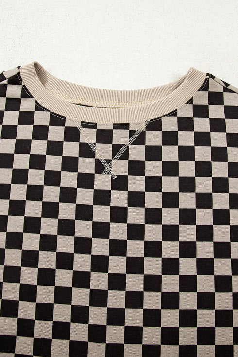 Mixed Checkered Patchwork Drop Shoulder High Low Top
